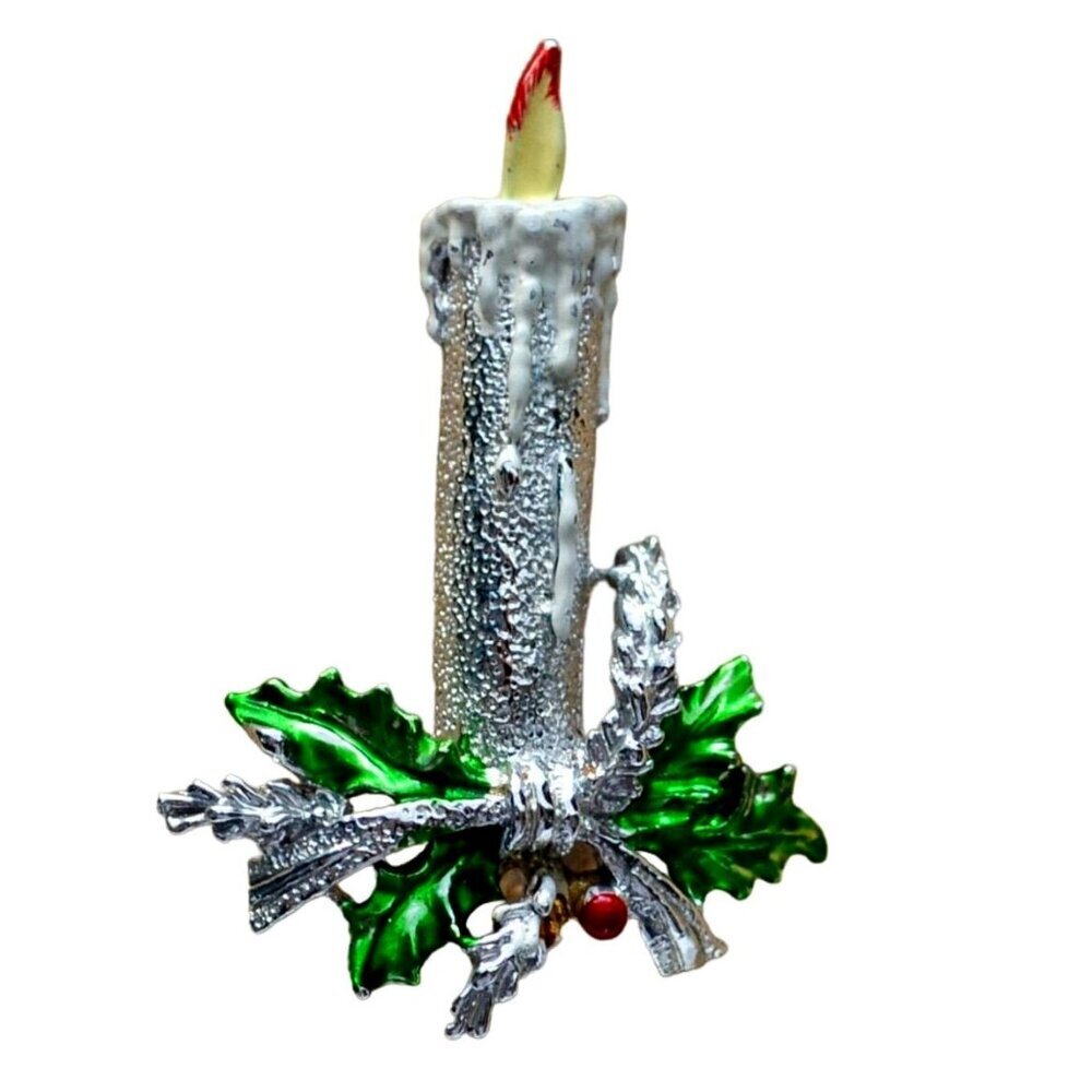 Gerry’s Silver Tone Christmas Candle Brooch Enamel Holly Berry Holiday Pin